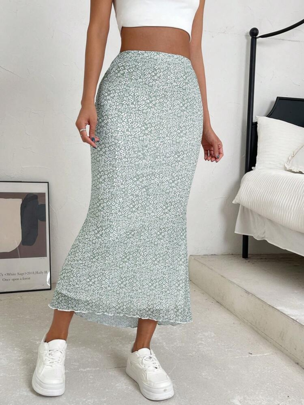 SHEIN Sage Green Floral Midi Skirt